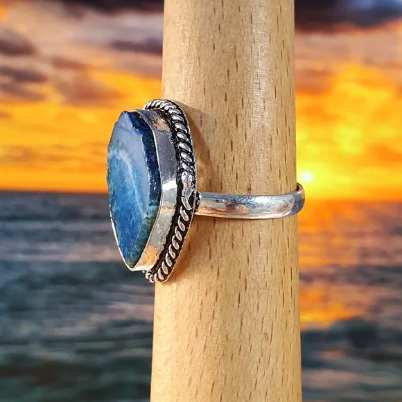 Blue Agate Gemstone Sterling Silver Plated Ring Size 9 - Picture 5 of 10